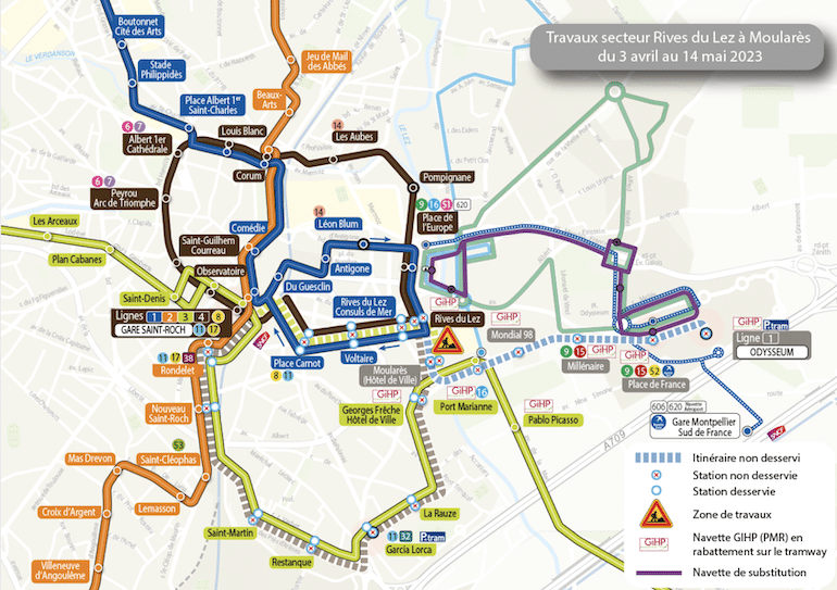 Les déviations des lignes de tramway © TaM