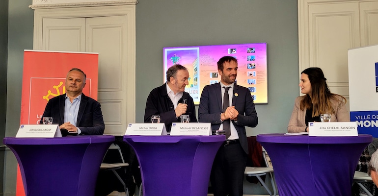 Christian Assaf, le conseiller régional Occitanie Pyrénées Méditerranée ; Michel Orier, le nouveau directeur du festival Radio France ; Michaël Delafosse, le maire de Montpellier et président de Montpellier Méditerranée Métropole et Zita Chelvi-Sandin, la conseillère départementale de l'Hérault à la conférence de presse sur le festival Radio France © Susie Carbone