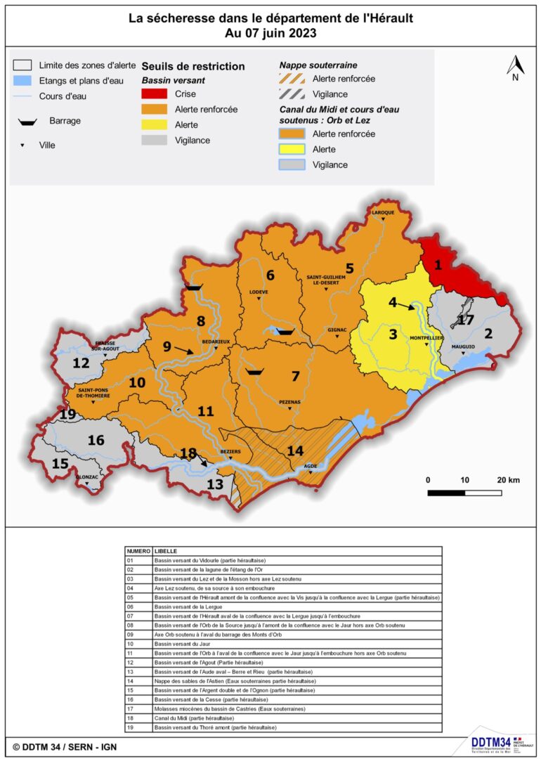 Carte Sécheresse 2023 © Préfecture de l'Hérault.