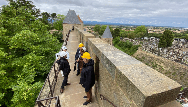 visite de chantier du remparts est de la Cité médiévale de Carcassonne, mardi 14 mai 2024 © Cyril Durand.