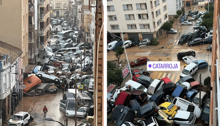 Des rues de Valence, dont le quartier Cattaroja à droite, où les voitures balayées par les inondations s'entassent © DR.